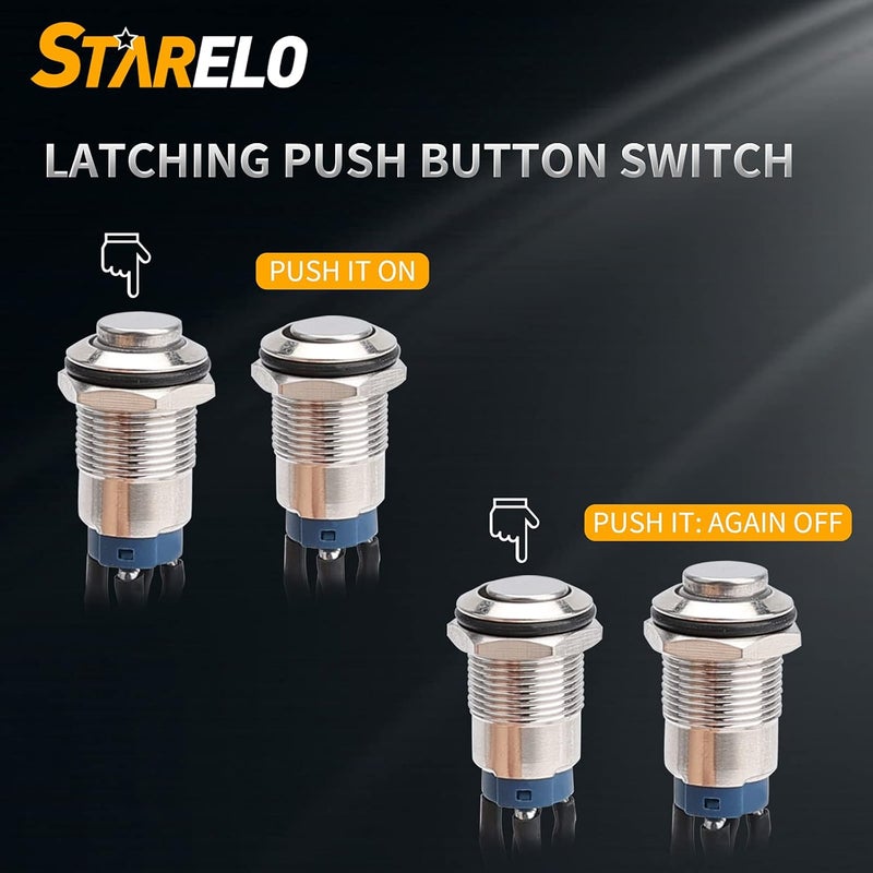 STARELO 5pcs 12mm Latching led Push Button Switch Silver Shell with pre-Wiring, IP65 Waterproof Push Button Switch,1NO 1 Normally,Self-Locking with LED(Blue). - Image 5